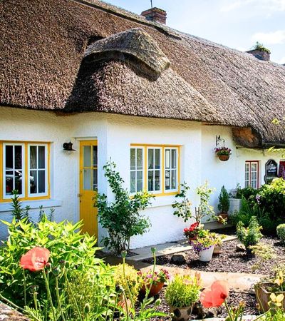 Thatched cottage with a yellow door